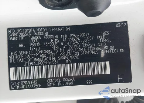 2012 Toyota 4Runner Sr5 z USA, uszkodzony, nr VIN JTEBU5JR0C5096531